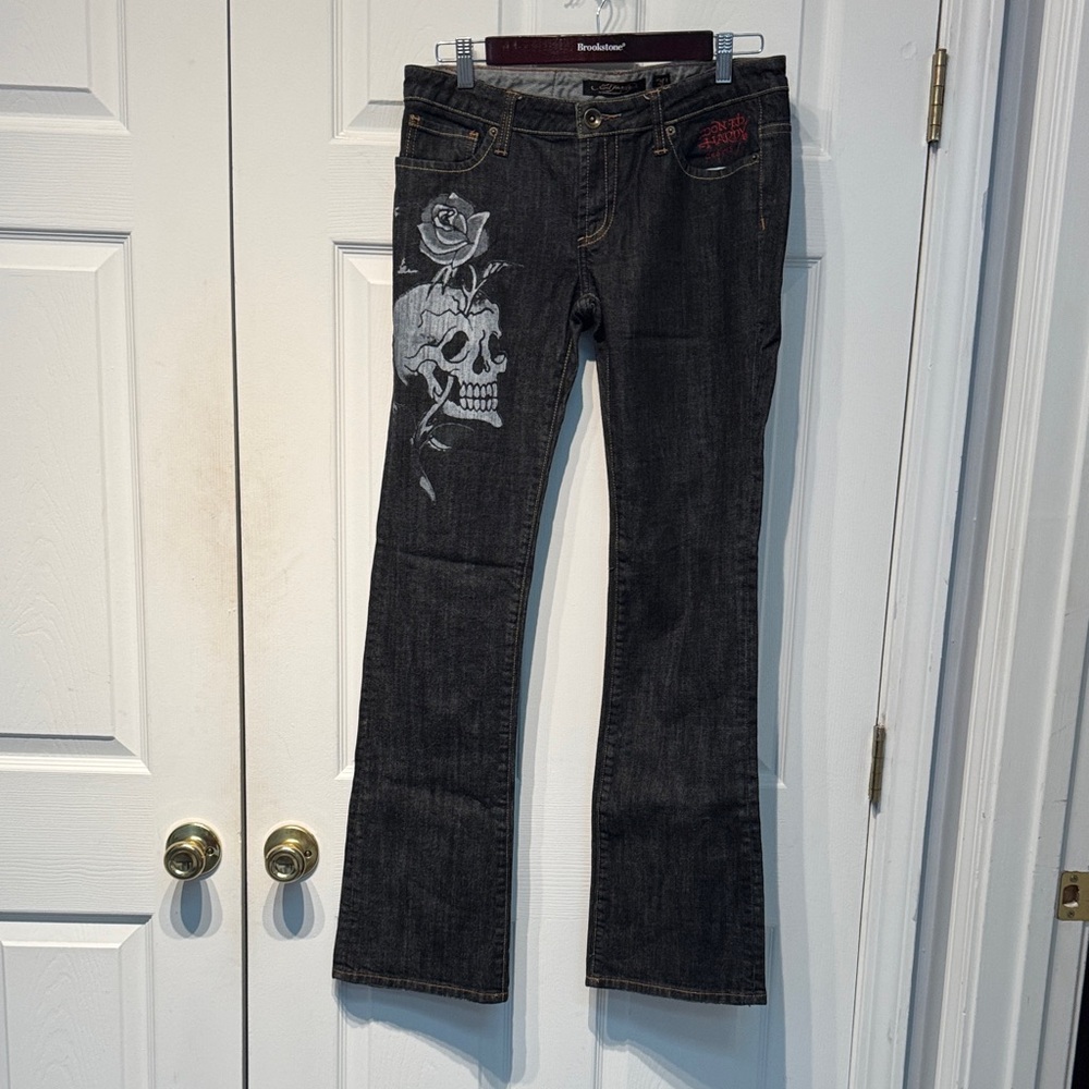 Ed Hardy Black Jeans with Skull and Rose Design